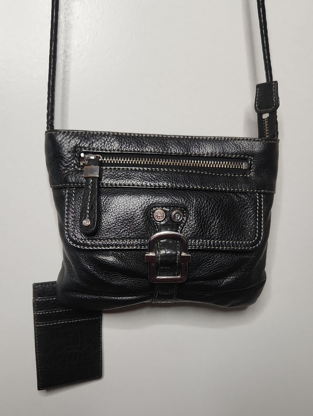 Etienne Aigner Black Leather/Silver Xbody Bag w/Card Case. Preloved Bag As Is
